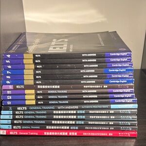 Stack of IELTS Cambridge English Practice Test Books - 4-19 training